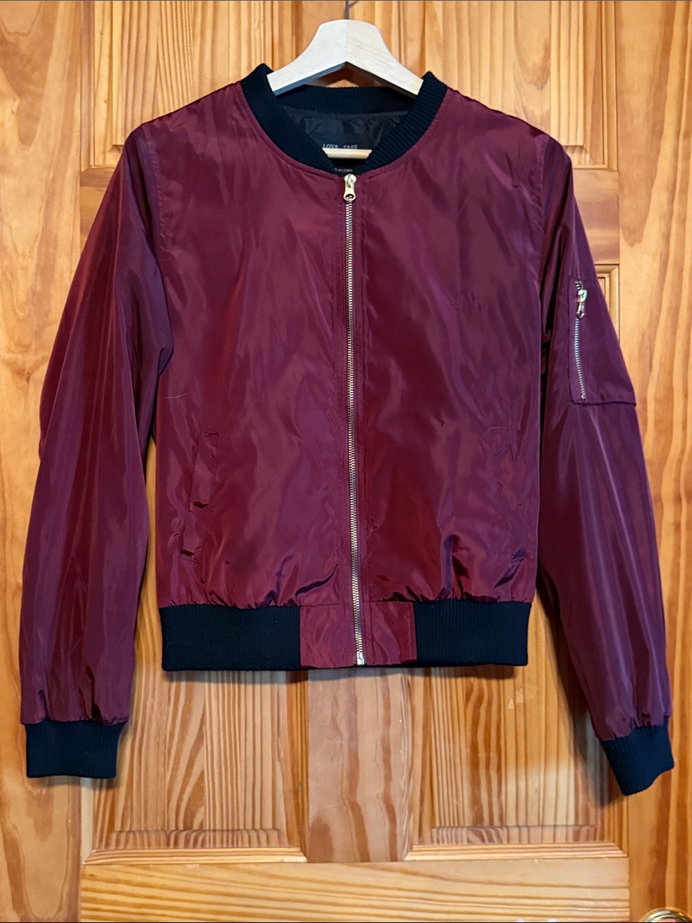Love Tree Burgundy Bomber Jacket with Black Trim